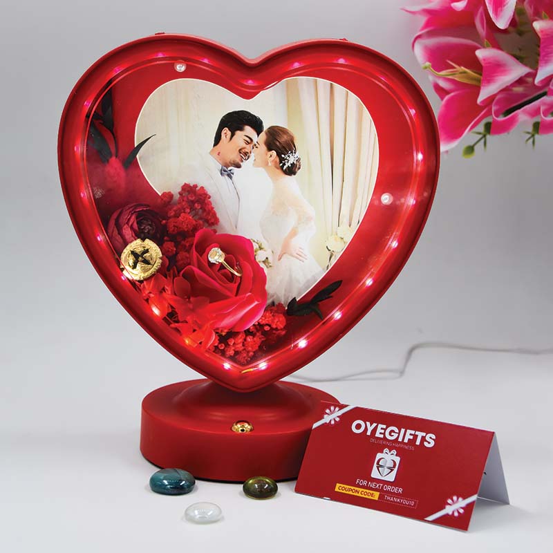 Personalised Heart Shape Led Photo Frame with flowers inside with touch sensor